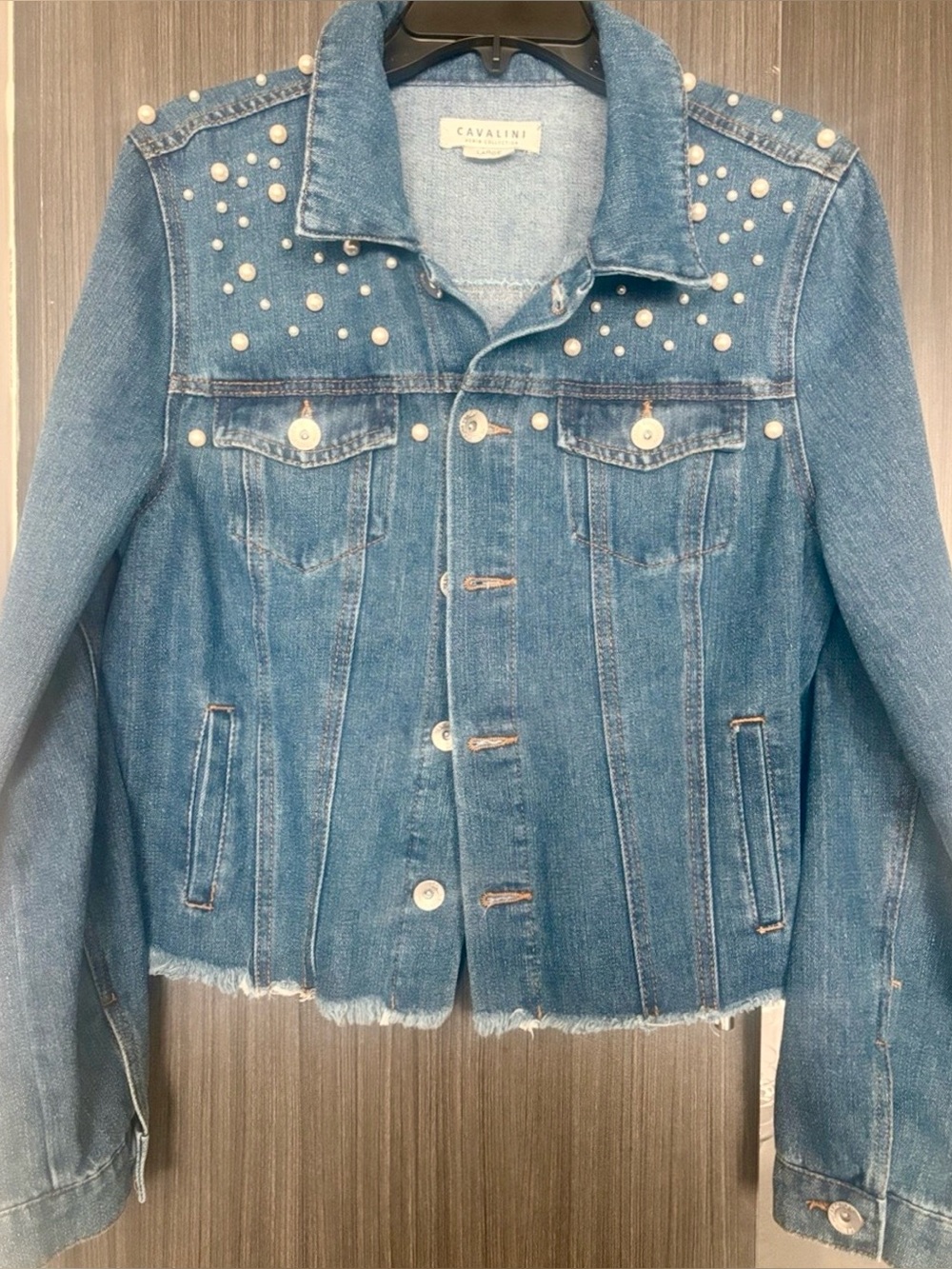 Cavalini Blue Denim Jacket with Pearl Studs & Frayed Hem, Excellent Condition